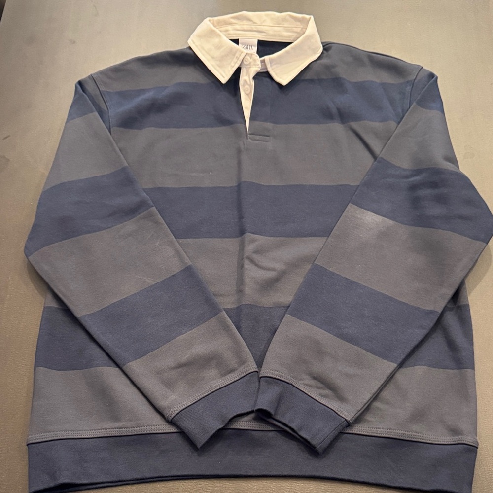 Zara Men's Blue Striped Polo Shirt